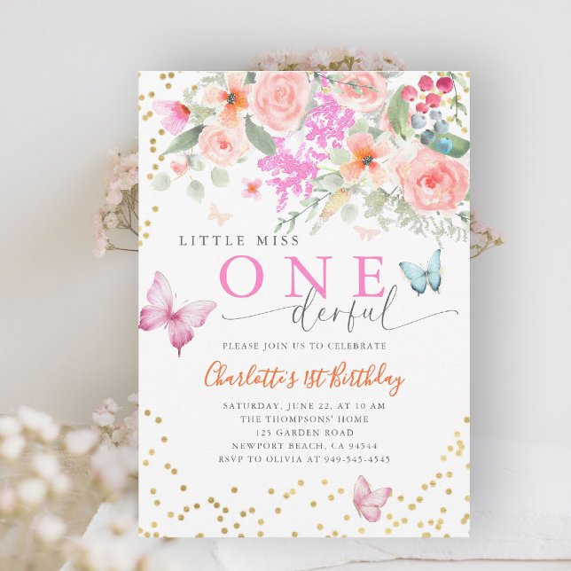 Little Miss Onederful Butterfly Girl 1st Birthday Invitation (little miss onederful girls 1st birthday invite happy garden wildflowers butterflies watercolor chic)
