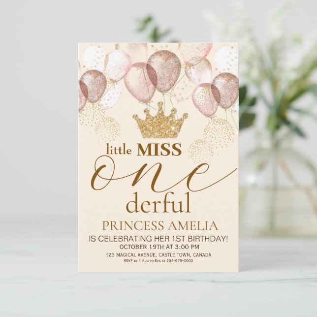 Little Miss Onederful Crown Princess 1st Birthday Invitation (Standing Front)