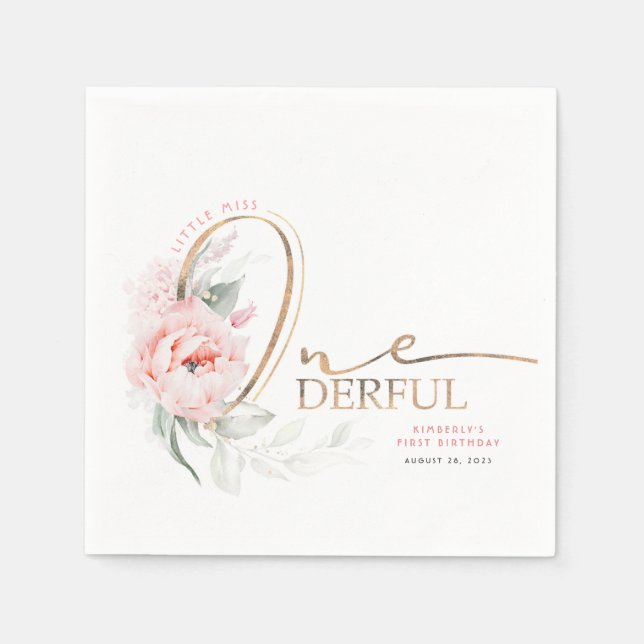 Little Miss Onederful Cute Floral 1st Birthday Napkin (Front)