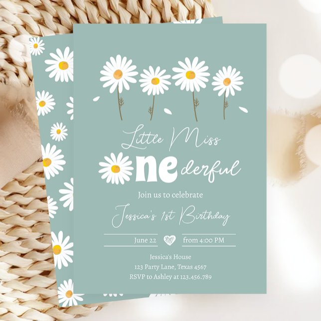 Little Miss Onederful Daisy Dusty Blue Birthday Invitation (Creator Uploaded)