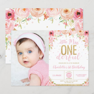 Little Miss Onederful Floral 1st Birthday Photo Invitation