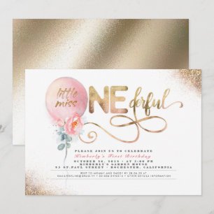 Little Miss ONEderful Floral Balloon 1st Birthday Invitation
