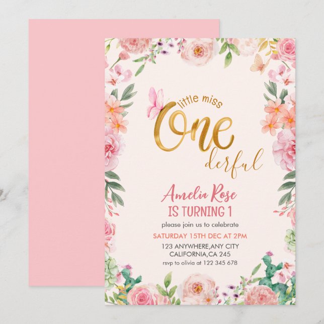  Little miss onederful Floral girl 1st Birthday Invitation (Front/Back)