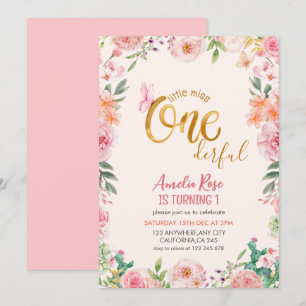 Little miss onederful Floral girl 1st Birthday Invitation