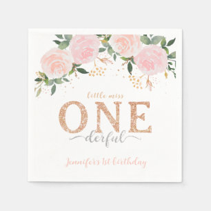 Little Miss Onederful Floral Pink Gold Napkins
