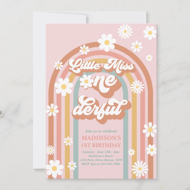 Little Miss Onederful Groovy Rainbow 1st Birthday Invitation (Front)