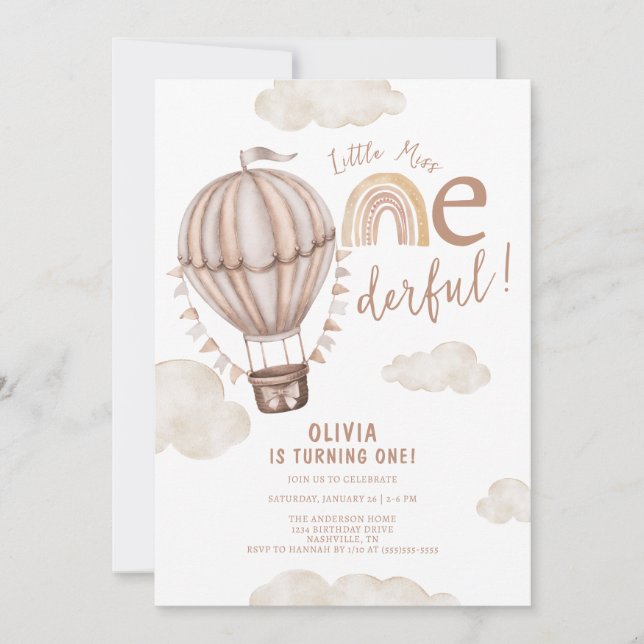 Little Miss ONEderful Hot Air Balloon 1st Birthday Invitation (Front)