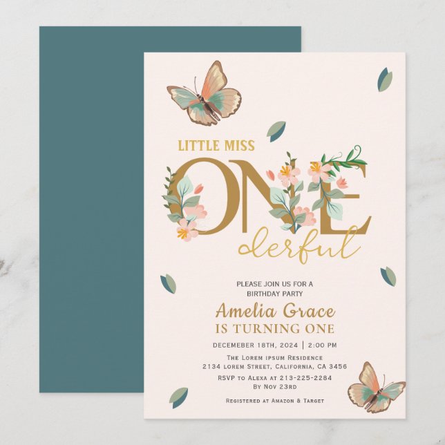 Little miss onederful peach floral 1st birthday  invitation (Front/Back)
