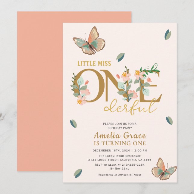 Little miss onederful peach floral 1st birthday  invitation (Front/Back)