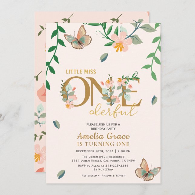 Little miss onederful peach floral 1st birthday  invitation (Front/Back)