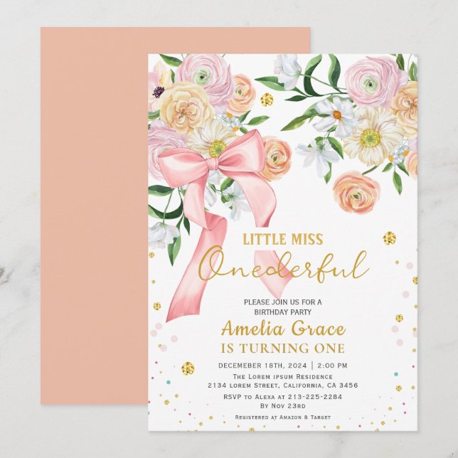 Little miss onederful peach girl 1st birthday  invitation (Front/Back)