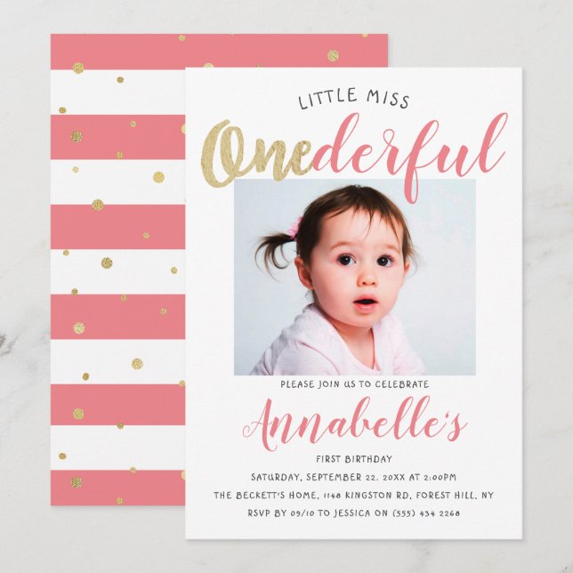 Little Miss Onederful Photo 1st Birthday Invitation (Front/Back)