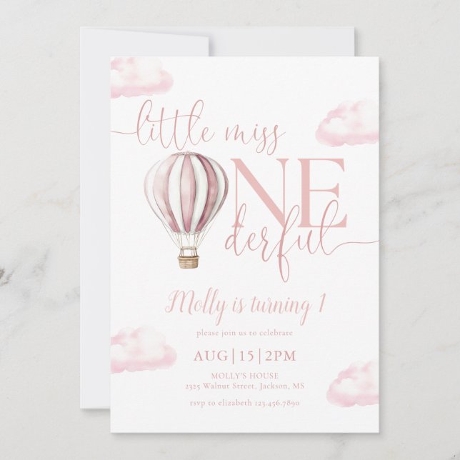 Little Miss Onederful Pink Balloon 1st Birthday Invitation (Front)