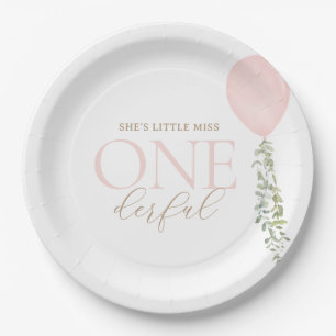 Little Miss Onederful Pink Balloon Birthday Paper Plate