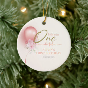 Little Miss ONEderful Pink Balloon Floral Birthday Ceramic Tree Decoration