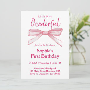 Little Miss ONEDERFUL Pink Bow Girl 1st Birthday  Invitation