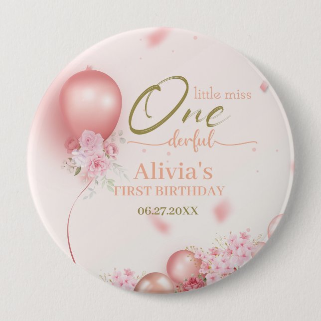 Little Miss ONEderful Pink Floral 1st Birthday 10 Cm Round Badge (Front)