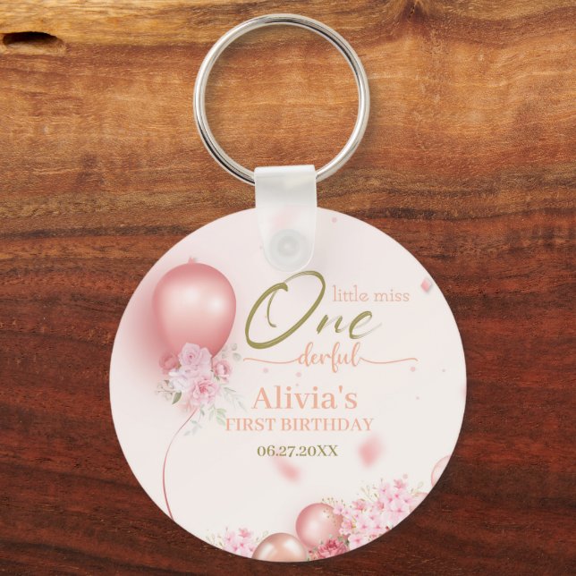 Little Miss ONEderful Pink Floral 1st Birthday Key Ring (Front)