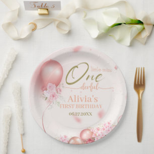 Little Miss ONEderful Pink Floral 1st Birthday Paper Plate