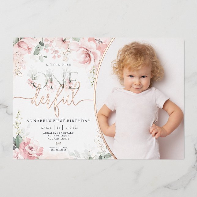 Little Miss Onederful Pink Floral Foil Invitation (Front)