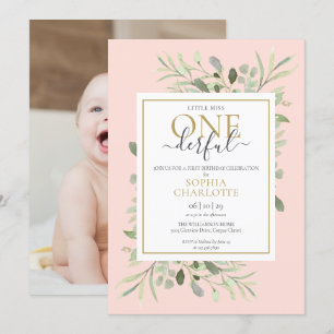 Little Miss ONEderful Pink Girl 1st Birthday Photo Invitation