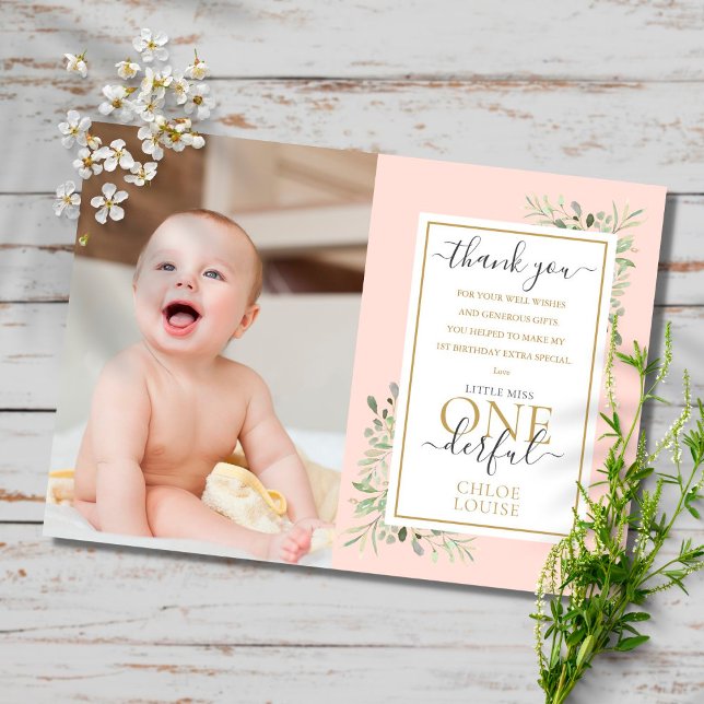 Little Miss ONEderful Pink Girl 1st Birthday Photo Thank You Card (Creator Uploaded)