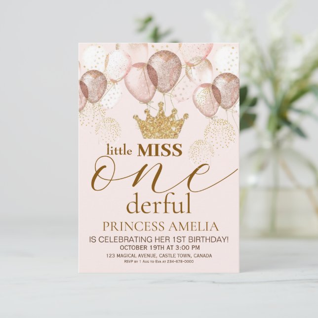 Little Miss ONEderful Pink Gold Crown 1st Birthday Invitation (Standing Front)