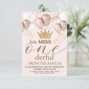 Little Miss ONEderful Pink Gold Crown 1st Birthday Invitation