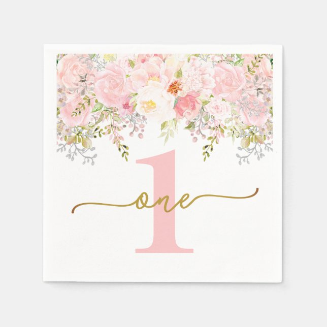 Little Miss ONEderful Pink Roses First Birthday Napkin (Front)