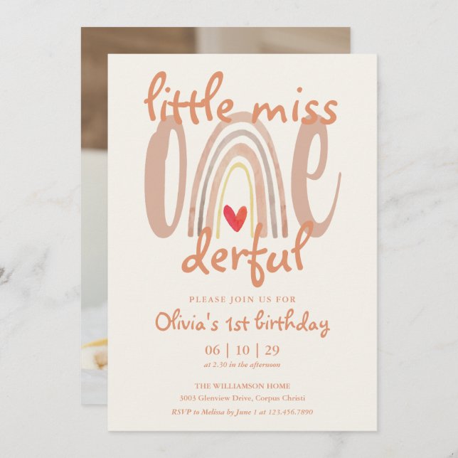 Little Miss Onederful Rainbow Photo 1st Birthday Invitation (Front/Back)