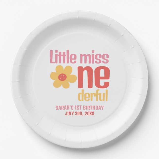 Little Miss Onederful Retro Groovy First Birthday Paper Plate (Front)