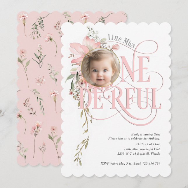 Little Miss Onederland 1st birthday Wildflower pho Invitation (Front/Back)