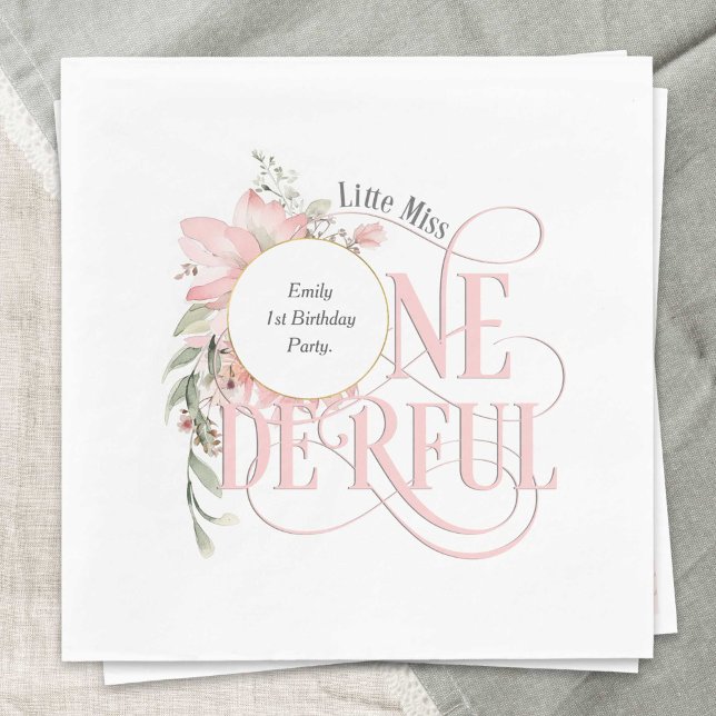 Little Miss Onederland Wildflower 1st Birthday Napkin (Pink Little Miss Onederland Themed personalized 1st birthday paper napkin.)