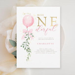 Little Miss Pink Bow Balloon 1st Birthday Party Invitation