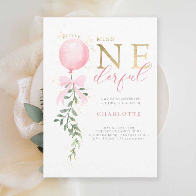 Little Miss Pink Bow Balloon 1st Birthday Party Invitation (little miss onederful girls 1st birthday invite pink balloon bow greenery watercolor elegant gold)