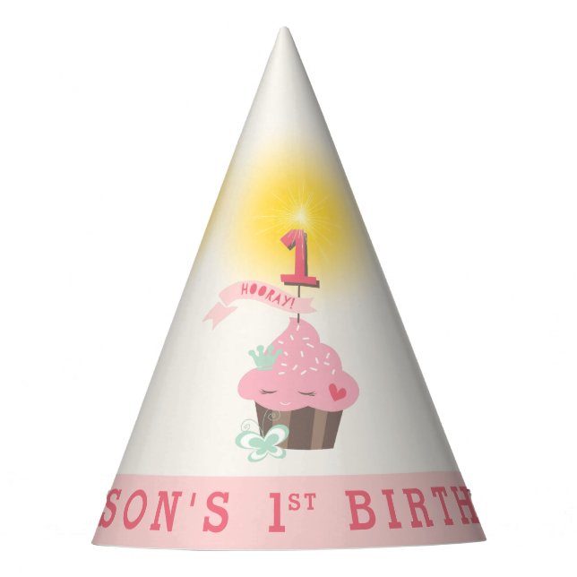 Little Miss Pink Cupcake Cute Girl's 1st Birthday Party Hat (Front)