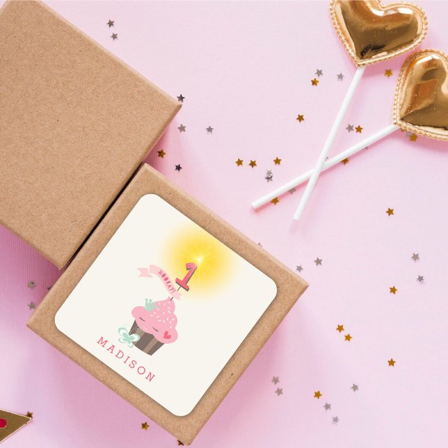Little Miss Pink Cupcake Girl's 1st Birthday Party Square Sticker (Little Miss Pink Cupcake Girl's 1st Birthday Party Favor Square Sticker / Envelope Seal @ fat_fa_tin)