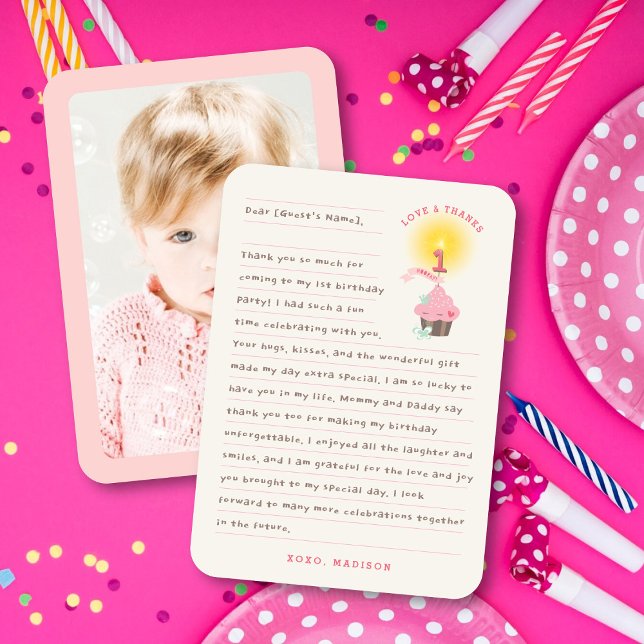 Little Miss Pink Cupcake Girl's 1st Birthday Party Thank You Card (Whimsical Little Miss Pink Cupcake Girl's 1st Birthday Party Photo Thank You Card @ fat_fa_tin)