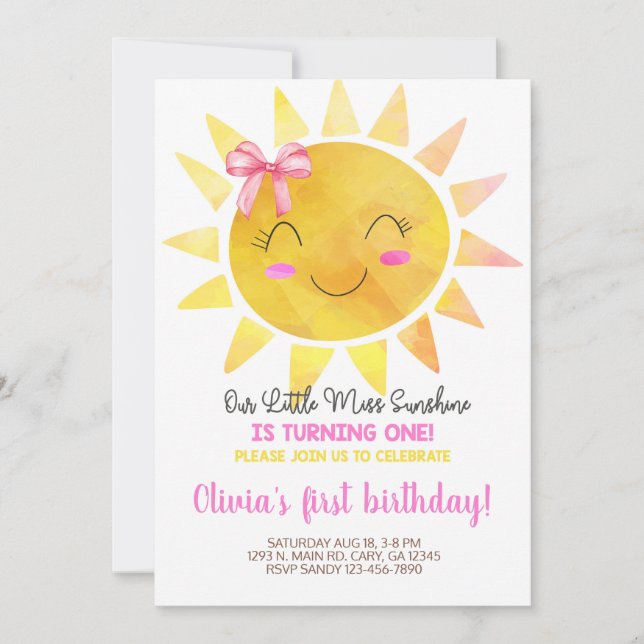 Little Miss Sunshine girl birthday invitation. Invitation (Front)