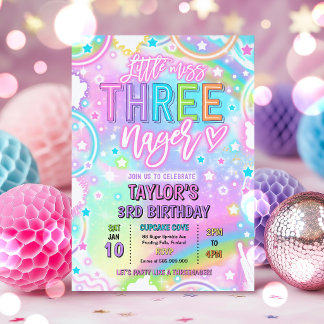 Little Miss Three-nage Neon Rainbow 3rd Birthday Invitation