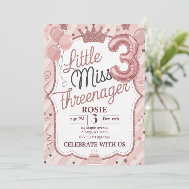 Little Miss Threenager 3rd Birthday Pink  Invitation (Standing Front)