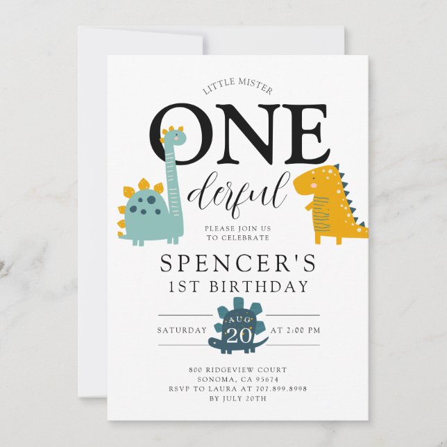 Little Mister ONEderful Dinosaurs Boy's Birthday  Invitation (Front)