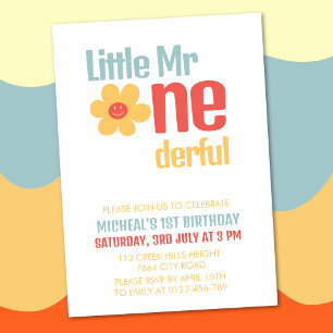 Little Mister Onederful Retro Groovy First  Invitation
