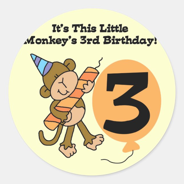 Little Monkey 3rd Birthday Tshirts and Gifts Classic Round Sticker (Front)