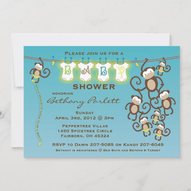 Little Monkey Baby Boy Shower Invitation (Front)