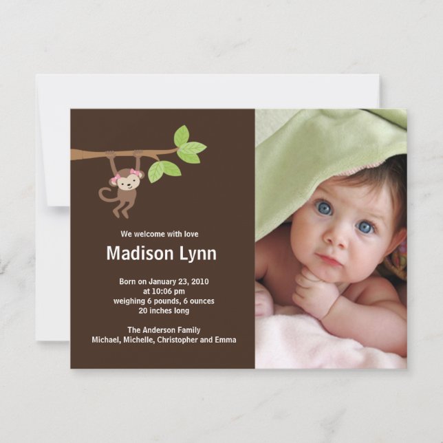 Little Monkey Baby Girl Birth Photo Announcement (Front)