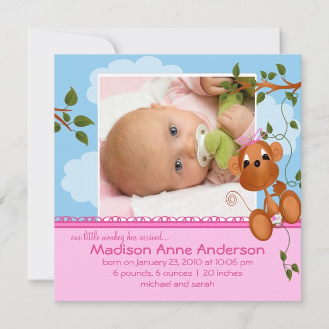 Little Monkey Baby Girl Photo Announcement (Front)
