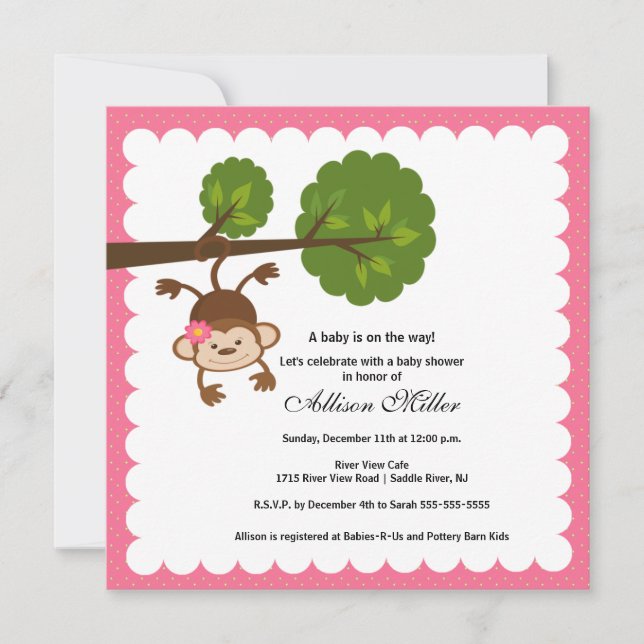 Little Monkey Baby Girl Shower Invitation (Front)