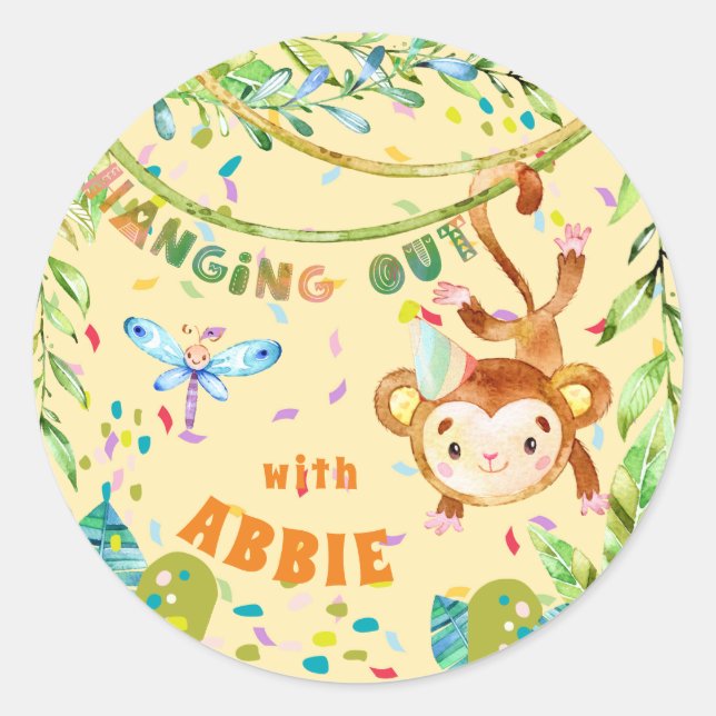 Little Monkey Birthday Hanging Out Classic Round Sticker (Front)
