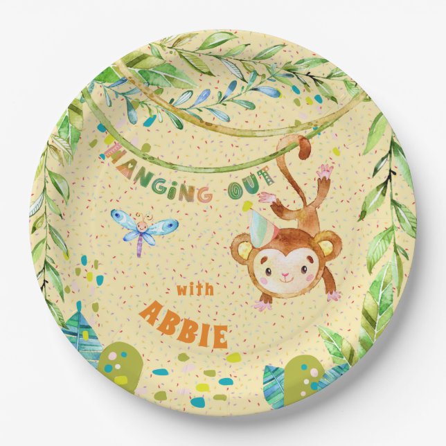 Little Monkey Birthday Hanging Out Paper Plate (Front)